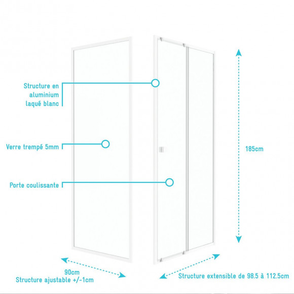 Pack Porte De Douche Coulissante Blanc 100x185cm + Retour 90 Verre Transparent 5mm - Whity Slide 100