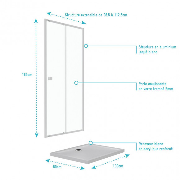 Pack Porte De Douche Coulissante Blanc 100x185cm - Extensible + Receveur 80x100 - Whity Slide