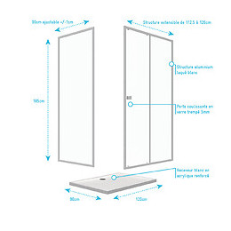 Pack Porte De Douche Coulissante Blanc Extensible 120x185 + Paroi De Retour 90cm - Whity