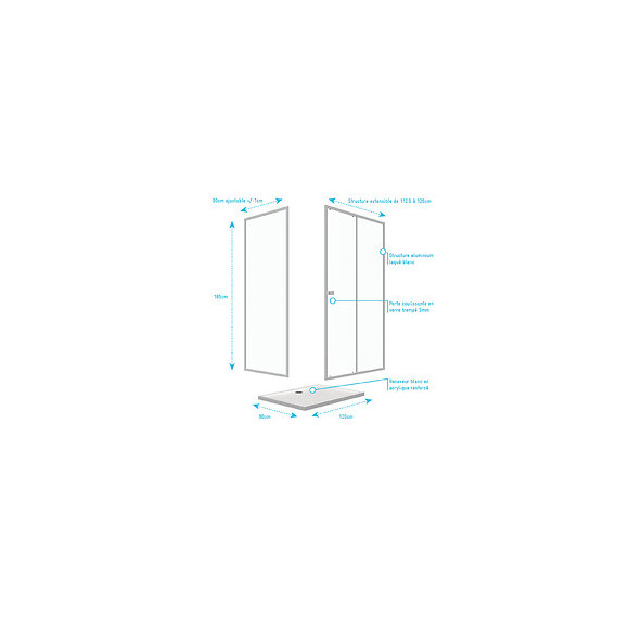 Pack Porte De Douche Coulissante Blanc Extensible 120x185 + Paroi De Retour 90cm - Whity