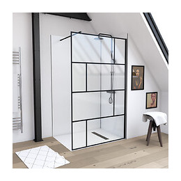Paroi De Douche A L'italienne Serigraphie Type Brique - Dim, 120x195cm - Profile Noir Mat - 5mm