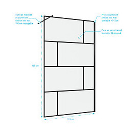 Paroi De Douche A L'italienne Serigraphie Type Brique - Dim, 120x195cm - Profile Noir Mat - 5mm
