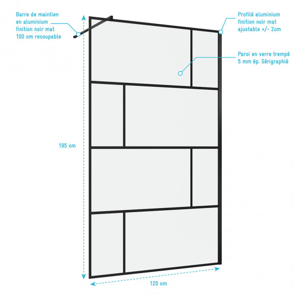 Paroi De Douche A L'italienne Serigraphie Type Brique - Dim, 120x195cm - Profile Noir Mat - 5mm