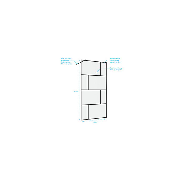 Paroi De Douche A L'italienne Serigraphie Type Brique - 100x195cm - Profile Noir Mat - Verre 5mm