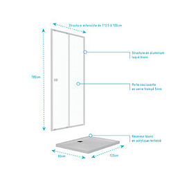 Pack Porte De Douche Coulissante Blanc 120x185cm + Receveur 80x120 - Whity Slide