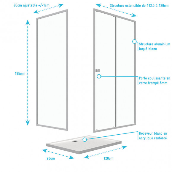Pack Porte De Douche Coulissante Blanc Extensible 120x185 + Paroi De Retour 90cm - Whity