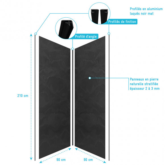 Pack Panneaux Muraux Ardoise Noir En Composite Avec Profile D'angle Et Finition Noir Mat- 90 X 90cm