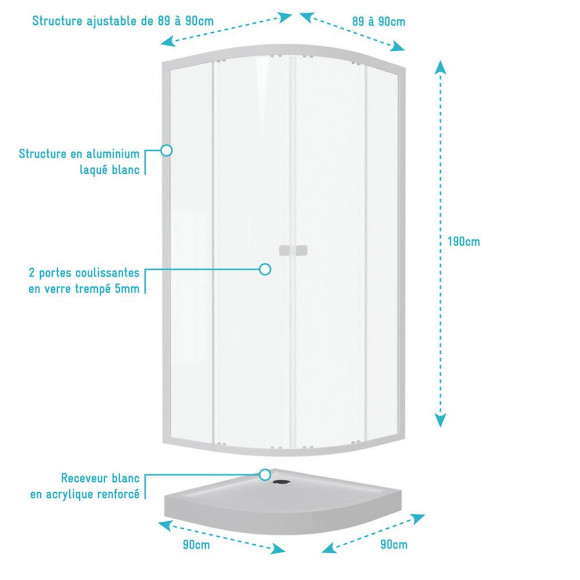 Pack Porte De Douche Coulissante Blanc De 89 À 90x190 Cm + Receveur - Whity Round Slide