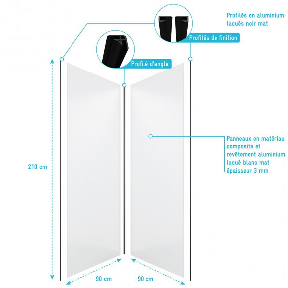Pack Panneaux Muraux Blanc En Aluminium Avec Profile D'angle Et De Finition Noir Mat - 90 X 90cm