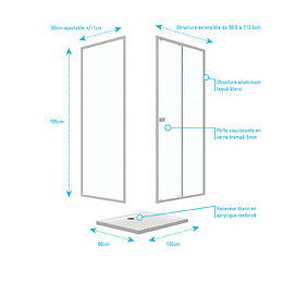 Pack Porte De Douche Coulissante Blanc 100x185 Cm + Paroi De Retour 80cm + Receveur À Poser - Whity