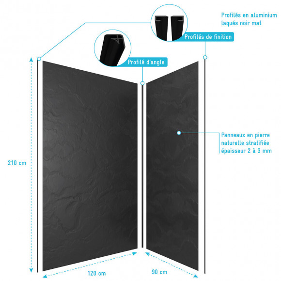 Pack Panneaux Muraux Ardoise Noir En Composite - Profile D'angle Et Finition Anodise Brillant