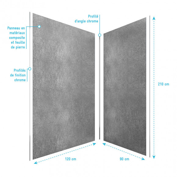 Pack Panneaux Muraux Effet Pierre Grise En Composite Avec Profile D'angle Et De Finition Chrome