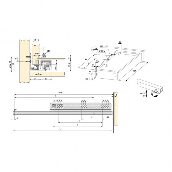 Emuca Paire De Coulisses Invisibles Pour Tiroirs, À Roulettes, 390 Mm, Sortie Totale, Système Push, Zingué