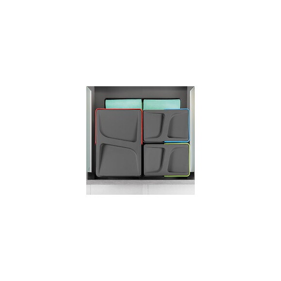 Emuca Kit De Poubelles, 12 L + 6 L + 6 L, Module 600 Mm, Plastique, Gris Anthracite, 3 Ut. + Base