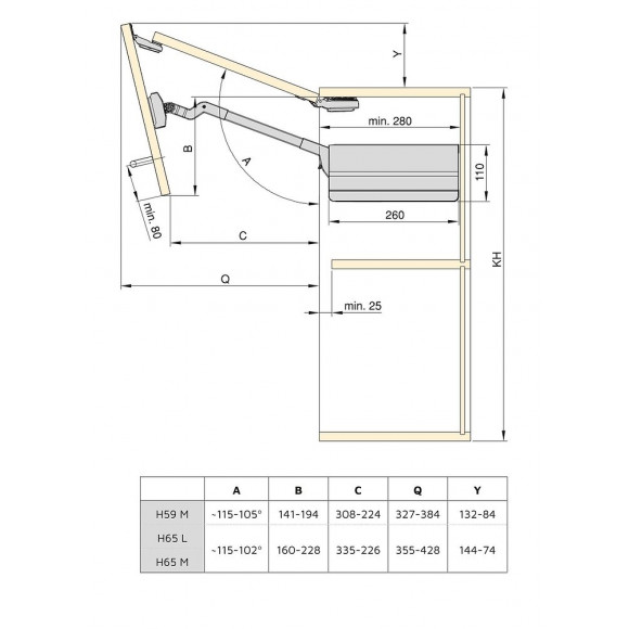 Emuca Compas Agile Flap Pour Portes Relevables Doubles, 7,8-13 Kg, Module H 590mm, Acier Et Plastique, Gris Anthracite