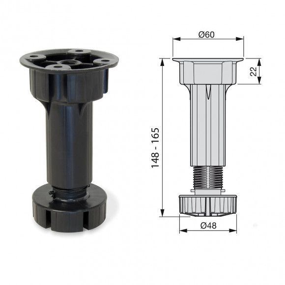 Emuca Pied Réglable Avec Base Pré-assemblée Pour Meuble, Réglable 148 - 165 Mm, Plastique, Noir, 40 Ut.
