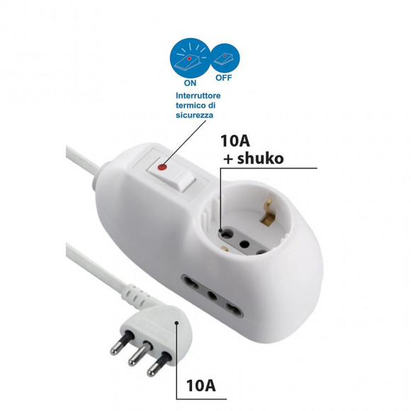 Multiprise Italienne 3 Entrées. Câble 1,5 M, Petite Prise 10 A