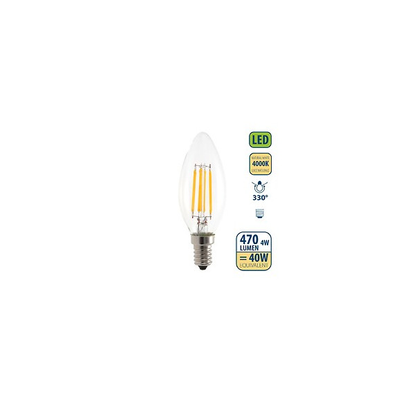 Ampoule À Filament Led, Olive C35, 4w / 470lm, Culot E14, 4000k