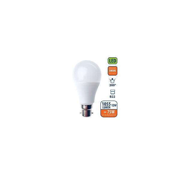 Ampoule Led Smd, Standard A60, 12w / 1055lm, Culot B22 (france), 3000k
