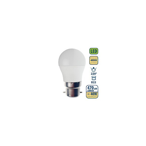 Ampoule Led Smd, Mini-sphérique P45, 6w / 470lm, Culot B22 (france), 4000k