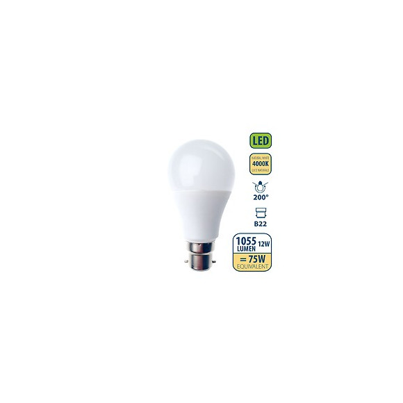 Ampoule Led Smd, Standard A60, 12w / 1055lm, Culot B22 (france), 4000k