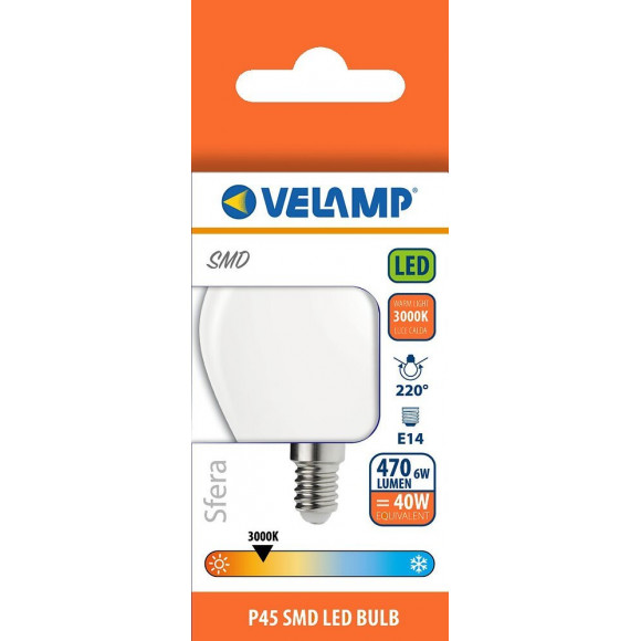 Ampoule Led Smd, Mini-sphérique P45, 6w / 470lm, Culot E14, 3000k