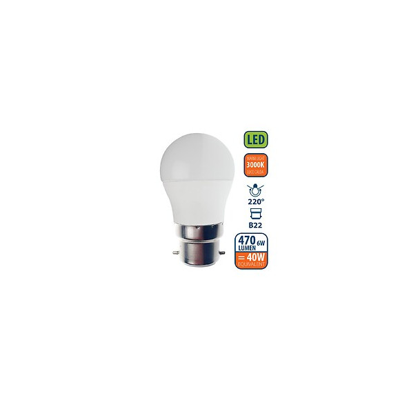 Ampoule Led Smd, Mini-sphérique P45, 6w / 470lm, Culot B22 (france), 3000k