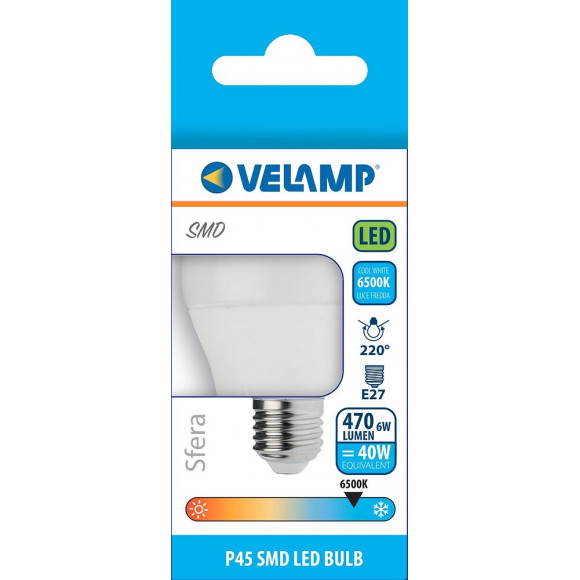 Ampoule Led Smd, Mini-sphérique P45, 6w / 470lm, Culot E27, 6500k