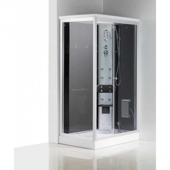 Organtina : Douche Balnéo Rect : 6 Jets De Massage, Cadre En Aluminium Argenté Paroi En Verre Trempé Noir