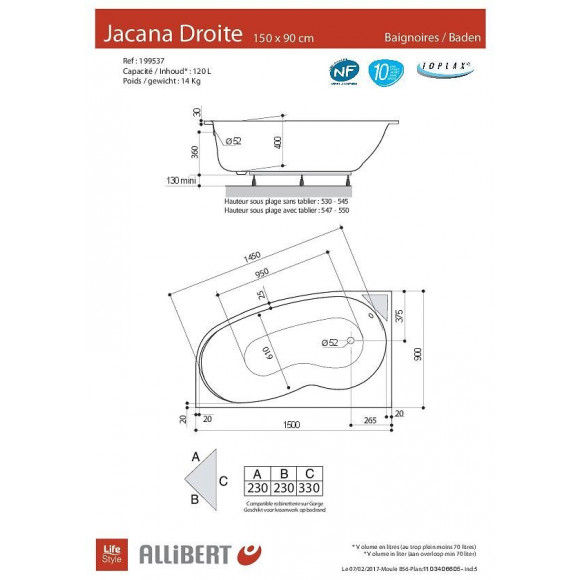 Baignoire Asymétrique Droite Jacana 150 X 90 Cm