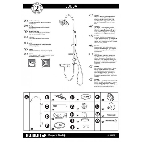 Colonne De Douche Jubba - Pommeau De Tête Orientable Diamètre 20cm Et Douchette 1 Jet En Abs Chromé