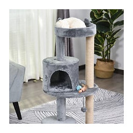 Arbre À Chats Multi-équipements Griffoirs Grattoirs Plateformes Niche Jeu Boule Suspendue Ø 48 X 104h Cm Gris