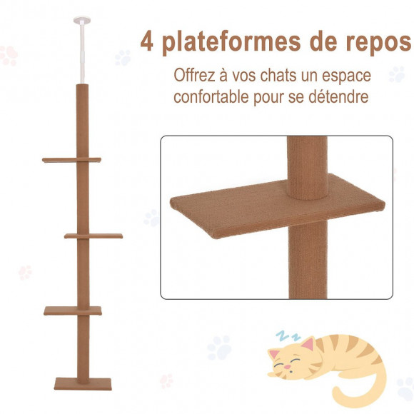 Arbre À Chat Poteau À Griffer Hauteur Réglable Dim. 43l X 27i X 228-260h Cm 4 Niveaux D'activités Marron