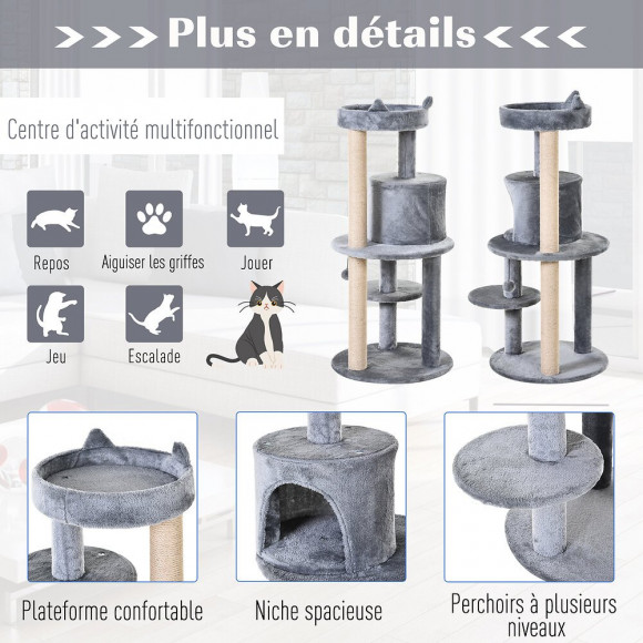 Arbre À Chats Multi-équipements Griffoirs Grattoirs Plateformes Niche Jeu Boule Suspendue Ø 48 X 104h Cm Gris