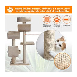 Arbre À Chats Multi-équipements Griffoirs Grattoirs Plates-formes + Tunnel + Jouet Suspendu Dim. 50l X 40l X 105h Cm Beige