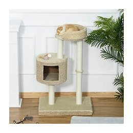 Arbre À Chats Style Cosy Chic Griffoirs Jute Naturelle Niche Plateforme Peluche Courte Bicolore Beige Café