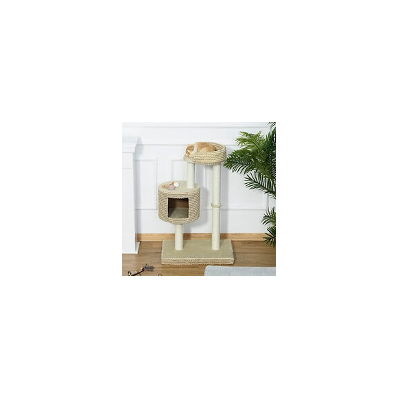 Arbre À Chats Style Cosy Chic Griffoirs Jute Naturelle Niche Plateforme Peluche Courte Bicolore Beige Café