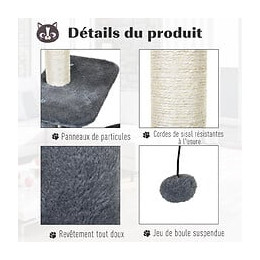 Arbre À Chats Avec Griffoirs Grattoirs Sisal Naturel Centre D'activités Niche Plateformes 2 Jouets Suspendus Gris