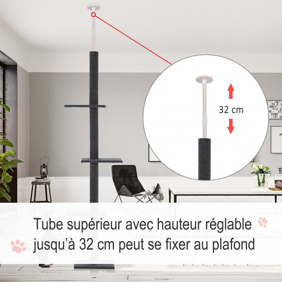 Arbre À Chat Poteau À Griffer Hauteur Réglable Dim. 43l X 27i X 228-260h Cm 4 Niveaux D'activités Gris