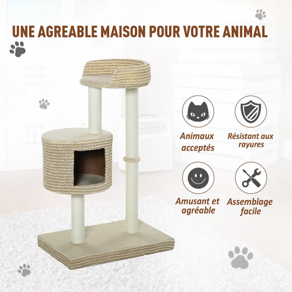 Arbre À Chats Style Cosy Chic Griffoirs Jute Naturelle Niche Plateforme Peluche Courte Bicolore Beige Café