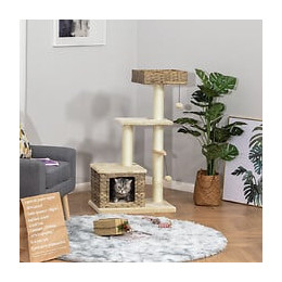 Arbre À Chats Style Cosy Chic Griffoirs Sisal Naturel Niche 3 Plateformes 2 Jeux Boules Peluche Courte Résine Tressée Imitat