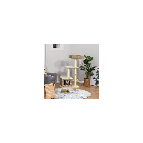 Arbre À Chats Style Cosy Chic Griffoirs Sisal Naturel Niche 3 Plateformes 2 Jeux Boules Peluche Courte Résine Tressée Imitat