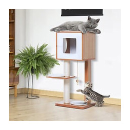 Arbre À Chats Design Contemporain Griffoir Grattoir Sisal Naturel Niche Plate-forme Jeu Boule Suspendue 50l X 40l X 91h Cm Mdf