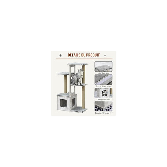 Arbre À Chats Design Contemporain Griffoirs Grattoirs Sisal Naturel Niche Plate-formes 6 Coussins Mdf Bois Gris