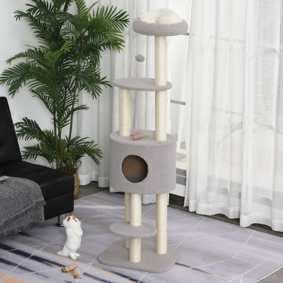 Arbre À Chats Avec Griffoir Niche Poteaux Peluche Haute Densité 45l X 40l X 148h Cm Gris