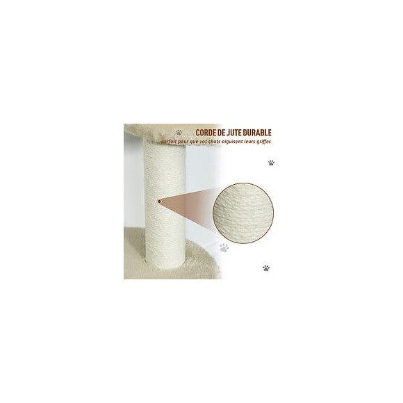 Arbre À Chats Style Cosy Chic Griffoirs Jute Naturelle Niche Plateforme Peluche Courte Bicolore Beige Café