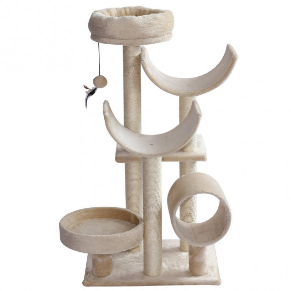 Arbre À Chats Multi-équipements Griffoirs Grattoirs Plates-formes + Tunnel + Jouet Suspendu Dim. 50l X 40l X 105h Cm Beige