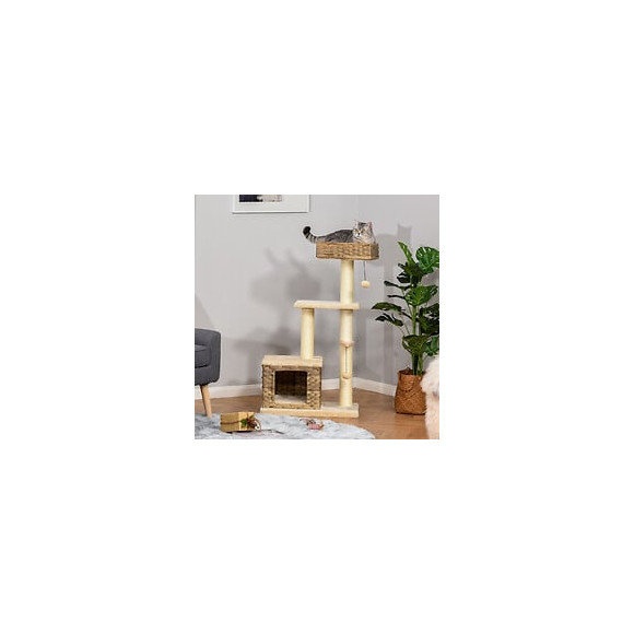 Arbre À Chats Style Cosy Chic Griffoirs Sisal Naturel Niche 3 Plateformes 2 Jeux Boules Peluche Courte Résine Tressée Imitat
