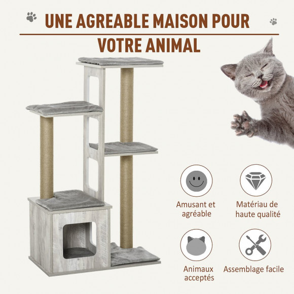 Arbre À Chats Design Contemporain Griffoirs Grattoirs Sisal Naturel Niche Plate-formes 6 Coussins Mdf Bois Gris