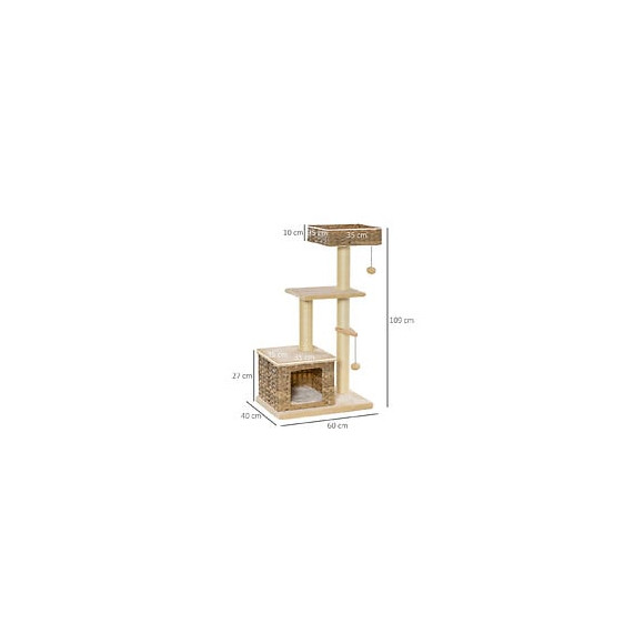 Arbre À Chats Style Cosy Chic Griffoirs Sisal Naturel Niche 3 Plateformes 2 Jeux Boules Peluche Courte Résine Tressée Imitat